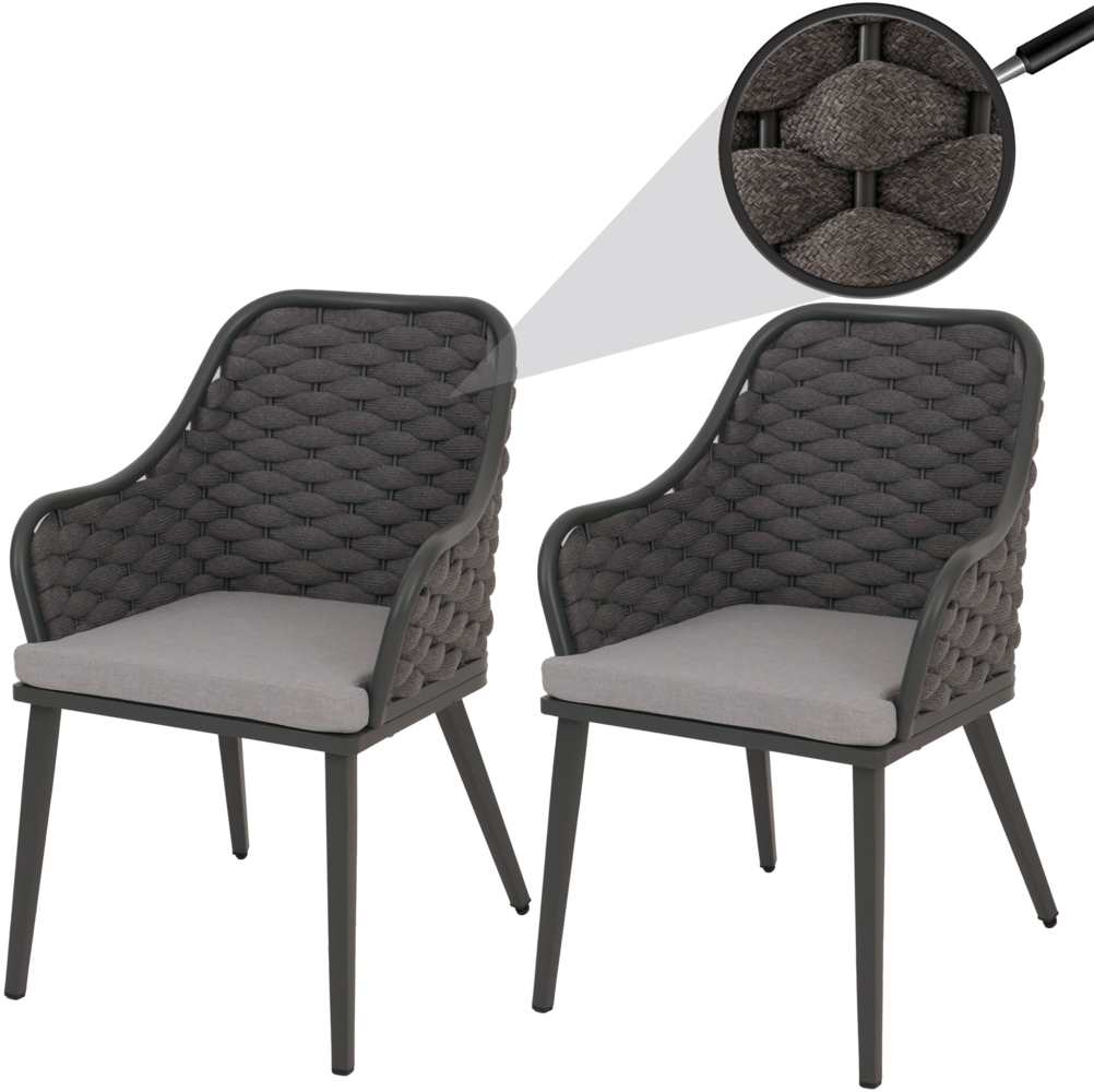 2er-Set Aluminium-Gartenstuhl HWC-O16, Outdoor Stuhl, Olefin (200 g/m²) Seilgeflecht Rope ~ anthrazit Kissen hellgrau Bild 1