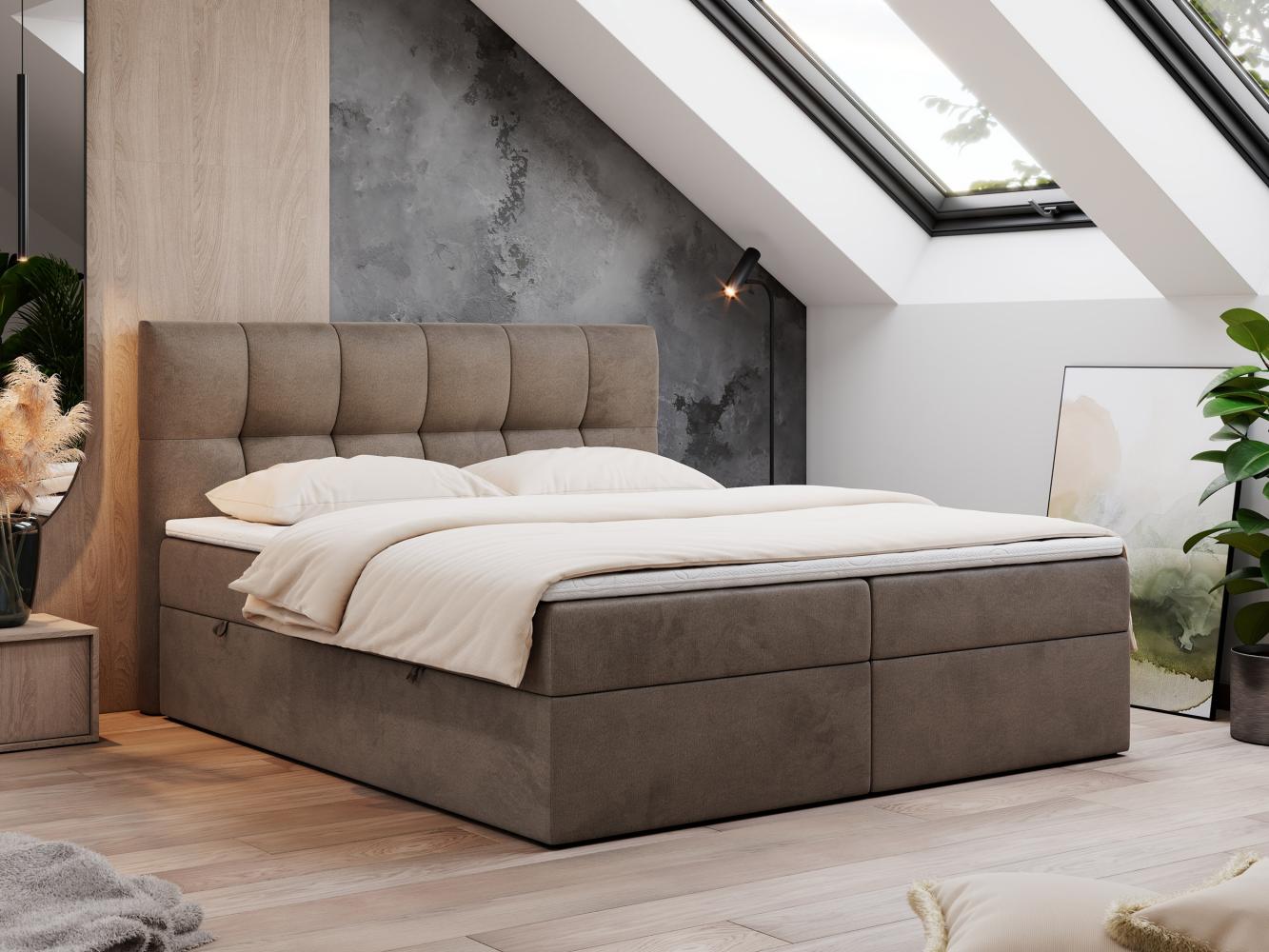 Boxspringbett mit Kopfteil und Topper, Doppelbett - RICO - 180x200cm - Braun Velours - H3 Bild 1