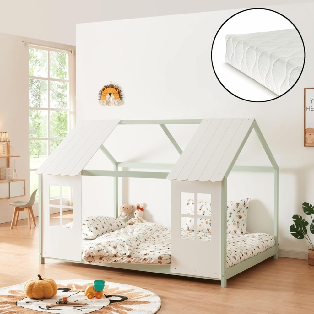 DELUKE® Kinderbett 140x200 GELO - mit Matratze Lattenrost Rausfallschutz Haus-OptikEinzelbett aus Holz Hausbett Kinderzimmer Montessori Bett Mintgrün Bild 1