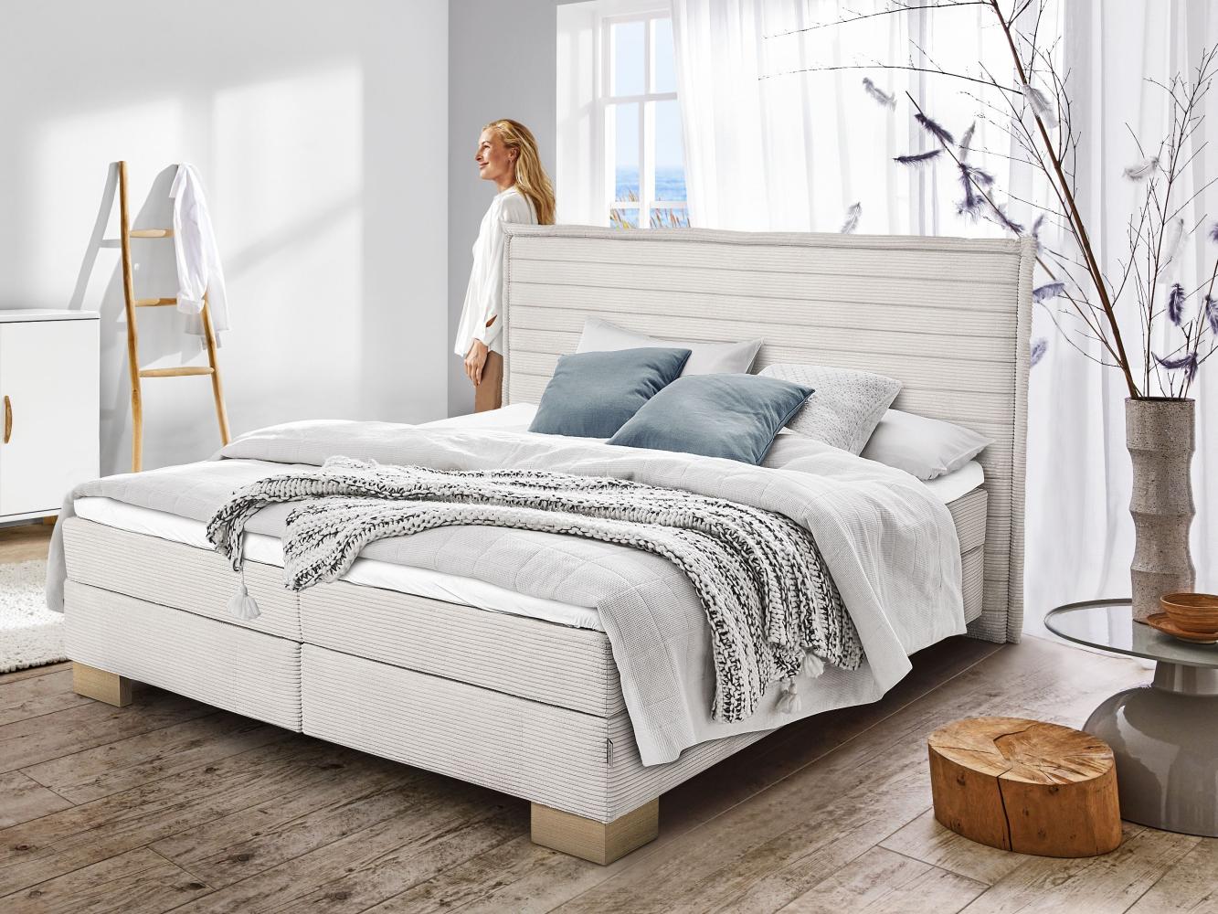 Boxspringbett SANSIBAR LANGEOOG, Osterende, Cordstoff Comino, Eichenholzfüße, lila, 180x200, H3/H4 Bild 1