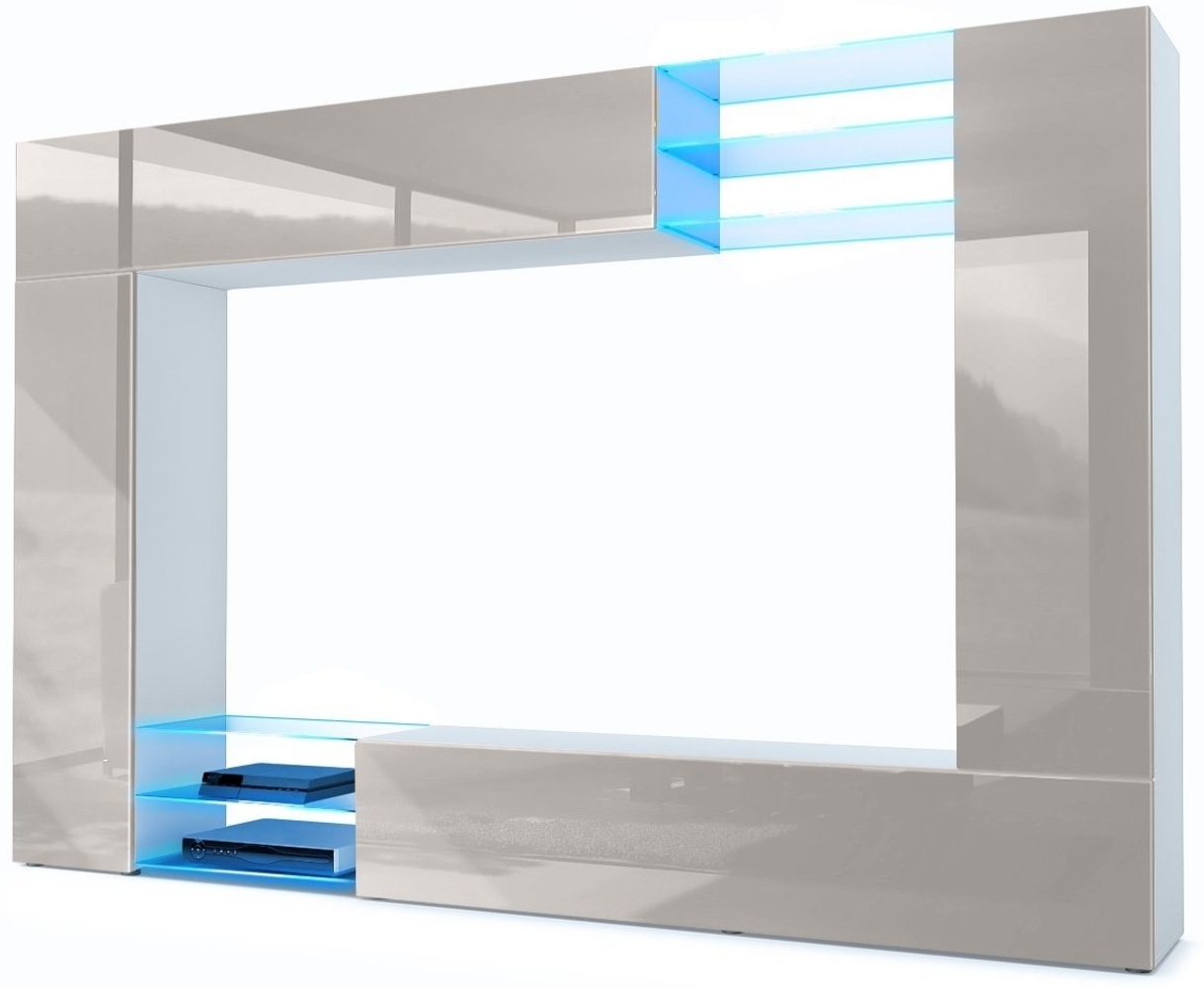 Vladon Wohnwand Mirage, Anbauwand mit Rückwand mit 2 Türen, 2 Klappen und 6 offenen Glasablagen, Weiß matt/Sandgrau Hochglanz, inkl. LED-Beleuchtung (262 x 183 x 39 cm) Bild 1
