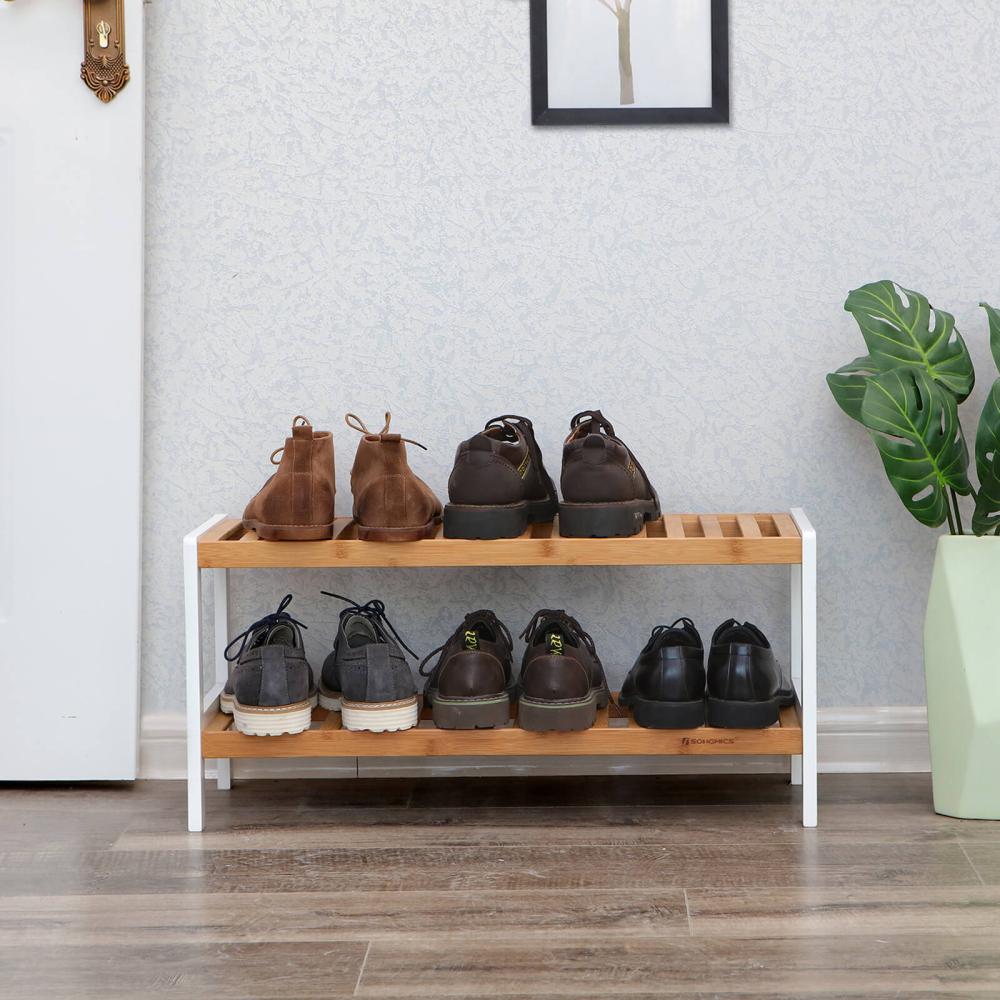 Schuhregal aus Bambus, Schuhablage mit 2 Ebenen, Schuh-Organizer, Regal für Schuhe, Pflanzen, Bücher, Wohnzimmer, Flur, Schlafzimmer, Badezimmer, 70 x 26 x 33 cm, weiß-naturfarben LBS02H Bild 1