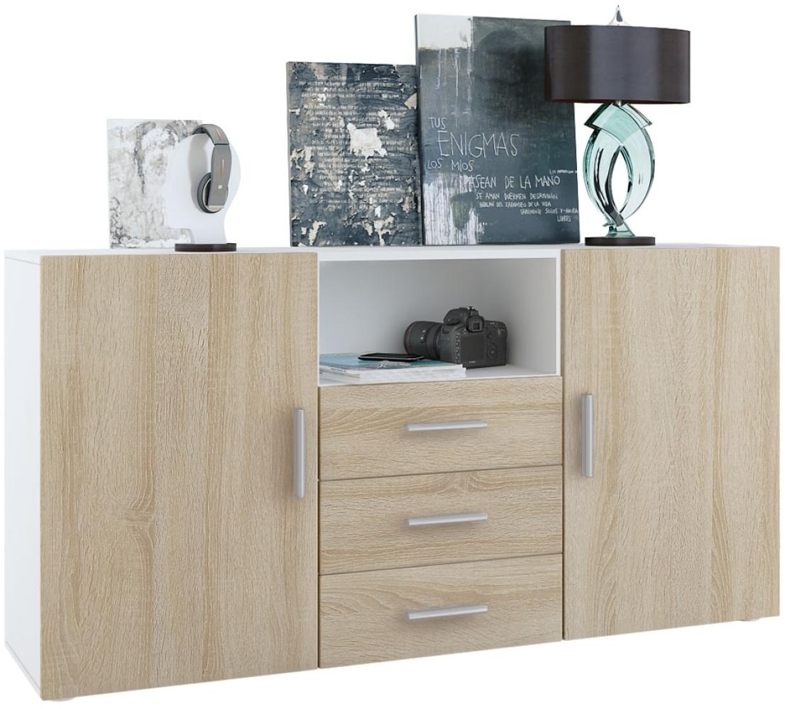 Vladon Sideboard Skadu, Kommode mit 2 Türen, 3 Schubladen und 1 offenem Fach, Weiß matt/Eiche sägerau (138,5 x 71,5 x 35 cm) Bild 1