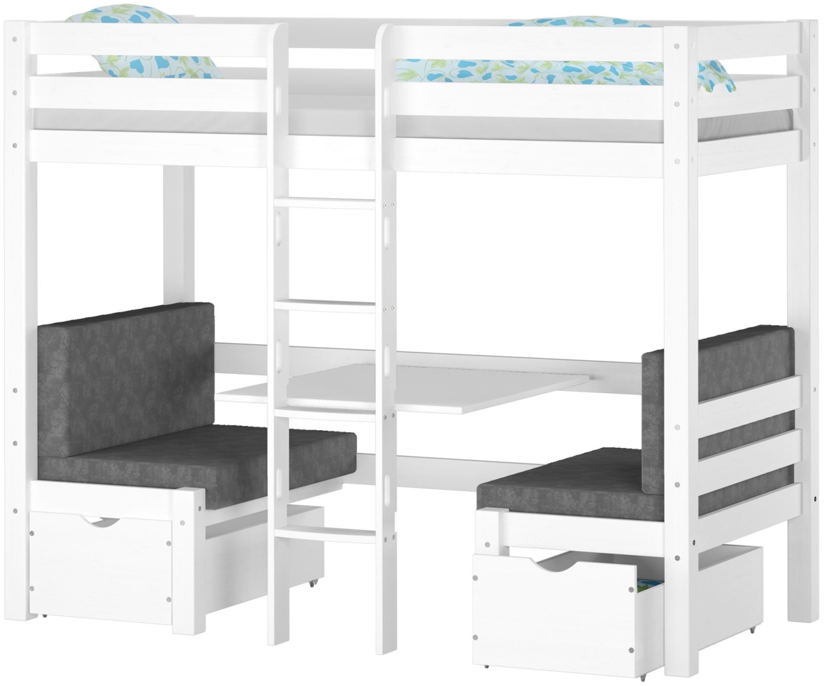 Weißes Hochbett mit Sitzbank und Tisch, Kinderetagenbett 90x200cm wählbares Zubehör V-60.22W-09mit Rollrost und Polster Bild 1