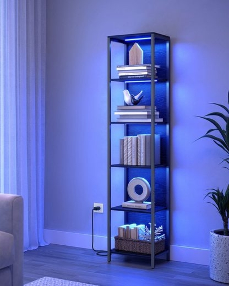 Vasagle Bücherregal mit 6 Ebenen, Standregal mit einstellbarer LED-Beleuchtung, Regal mit Stahlrahmen, 30,3x40/60x178,6 cm, für Wohnzimmer, Schlafzimmer, Arbeitszimmer, ebenholzschwarz LLSDE121B57 Bild 1
