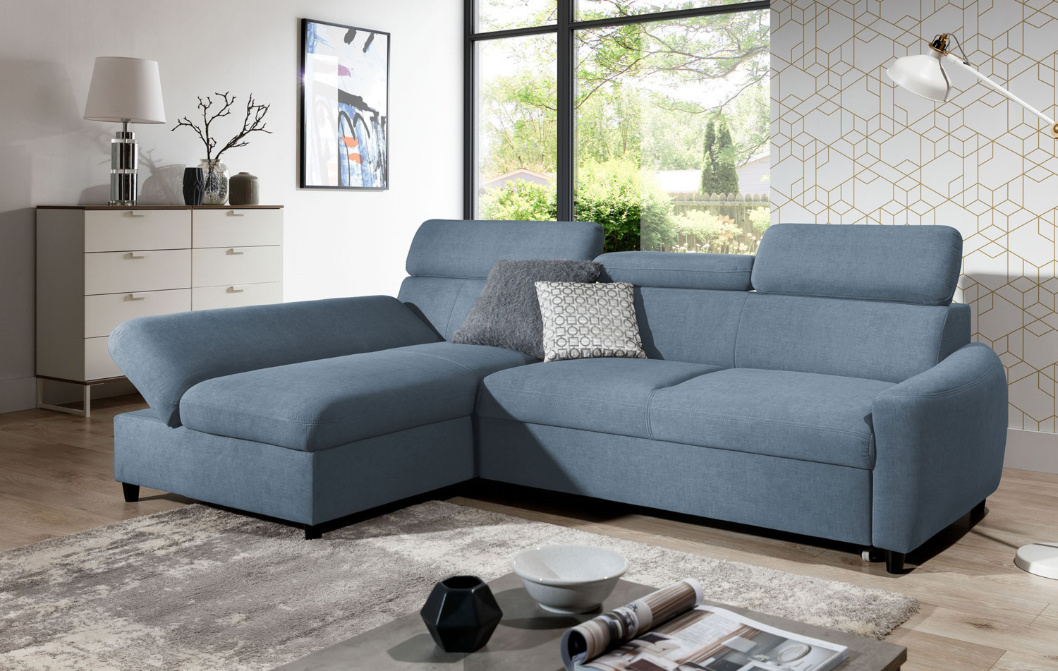 99rooms Litos Ecksofa Velours ESITO Blau Links ohne Bild 1