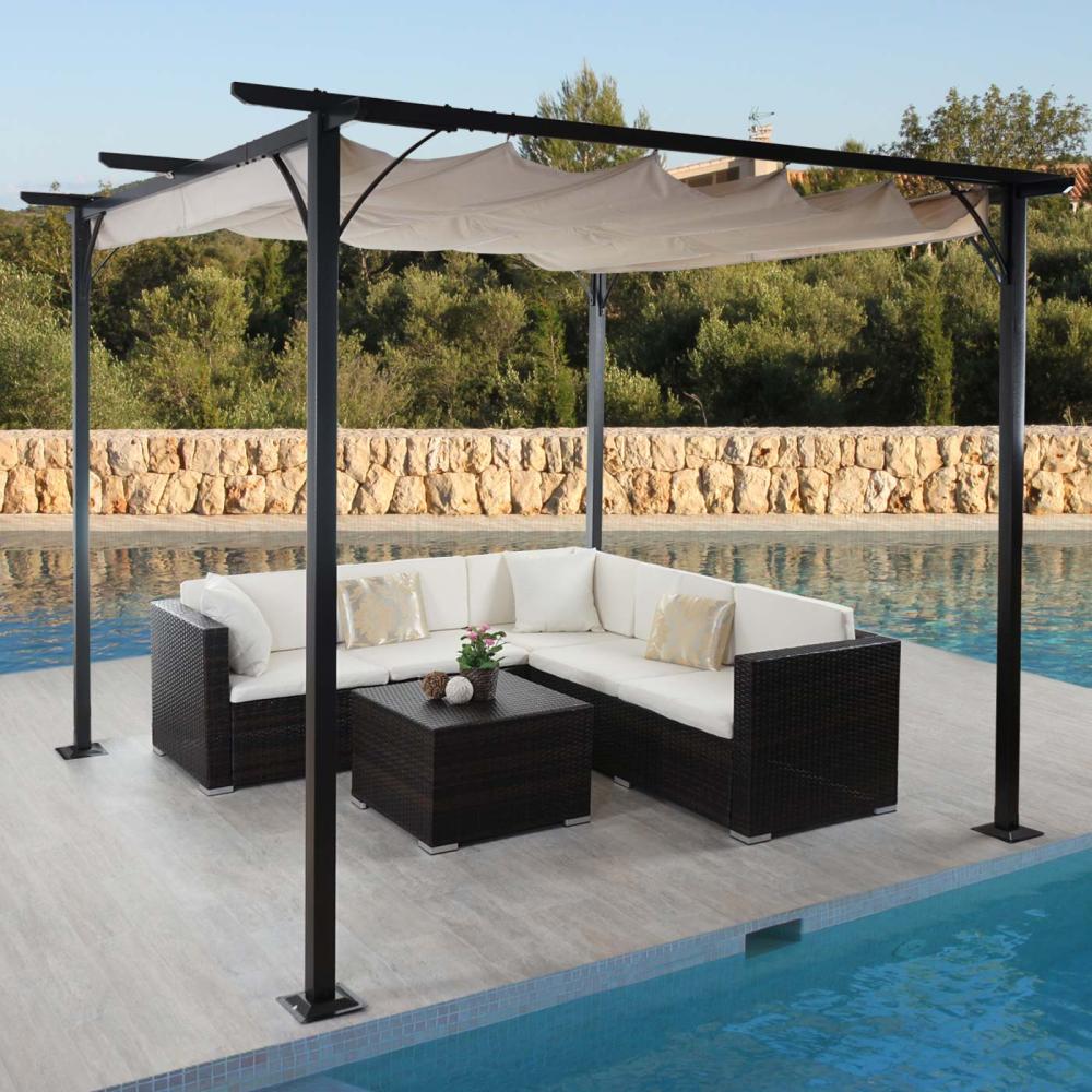 Pergola HWC-C42, Garten Pavillon, stabiles 6cm-Gestell + Schiebedach ~ 3x3m creme Bild 1