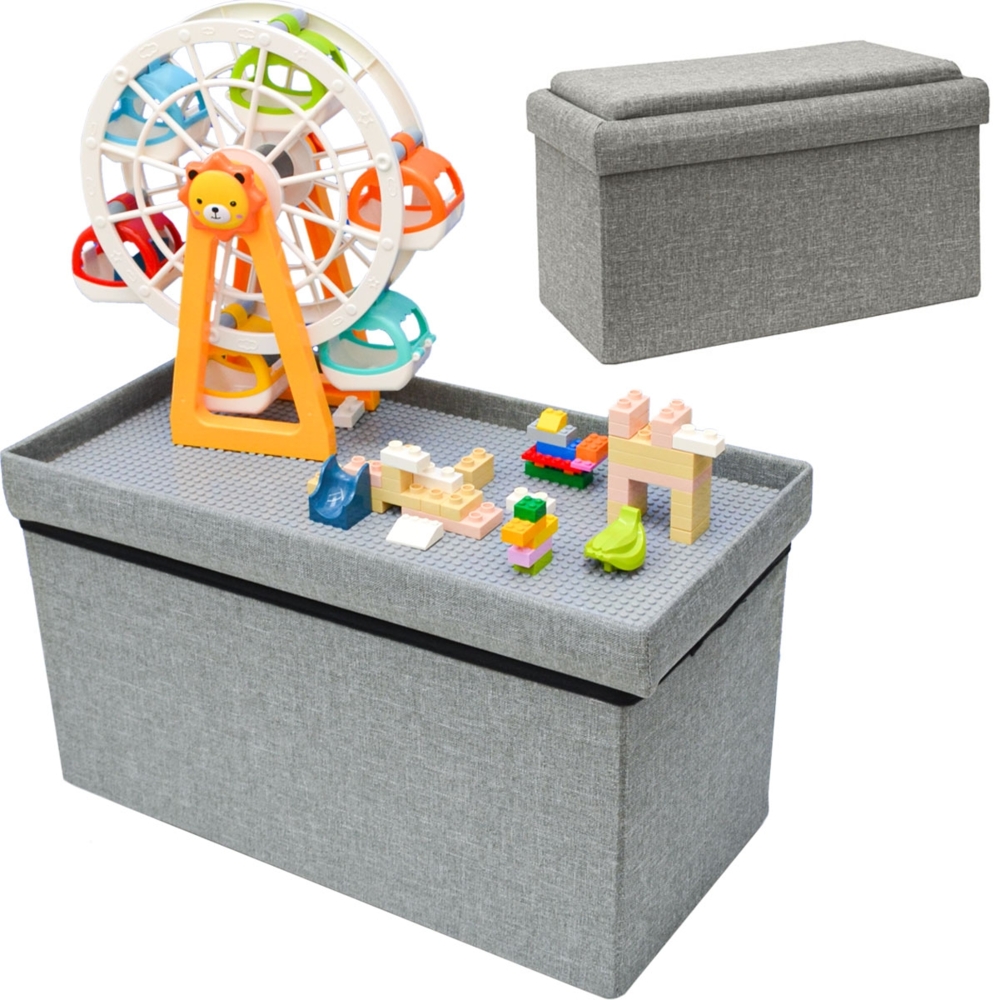 Kinder Aufbewahrungsbox mit Bauplatte - 53x27x30 Sitzbank - Baustein Spieltisch Bild 1