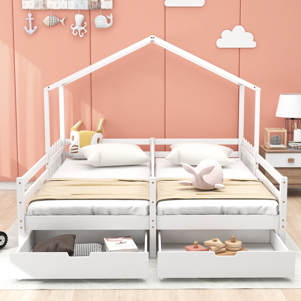Merax 90x200cm Hausbett, Doppelbett, Kinderbett, Gitterbett mit 2 MDF-Schubladen, Schubladen auf Rollen, Lattenrost aus Kiefer, weiß Bild 1
