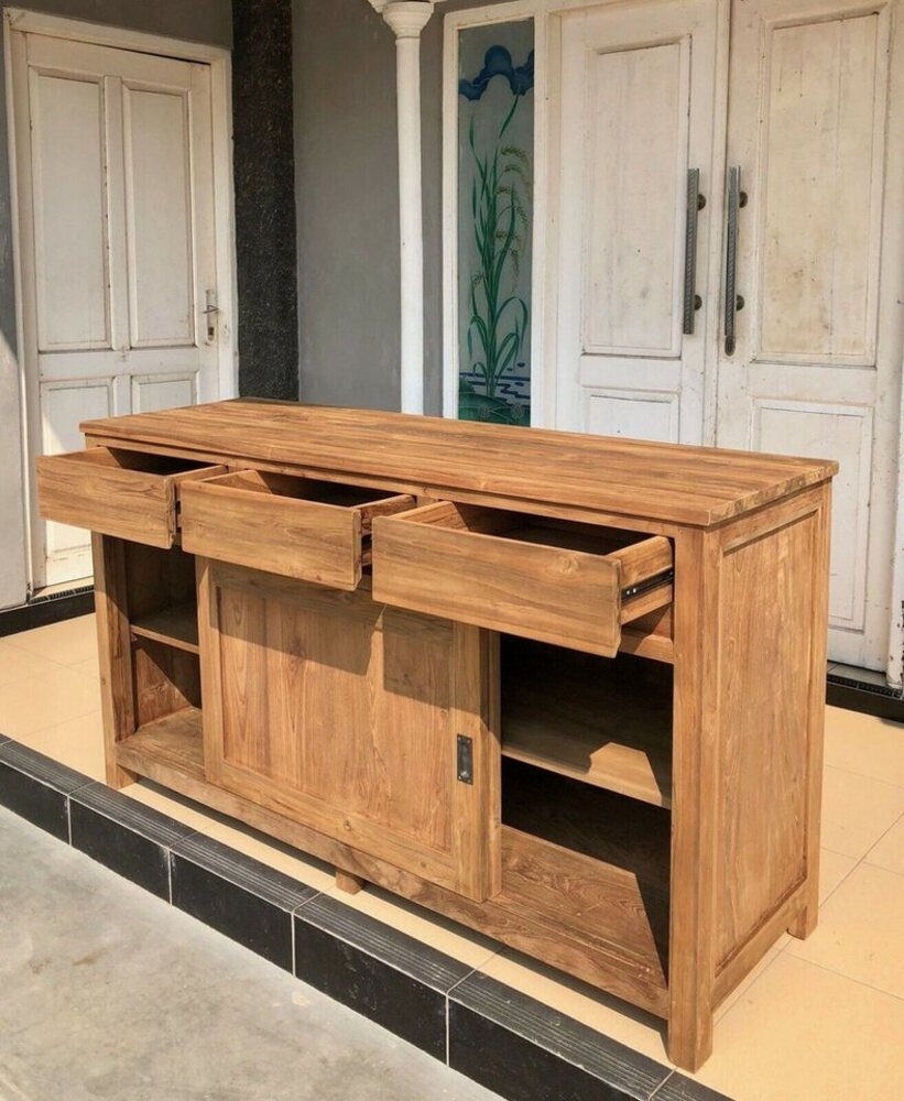 Couchcenter Kombikommode 2-türige Echtholz Teak Holz Sideboard Kommode Ronan mit 3 Schubladen, Breite 160 cm Bild 1