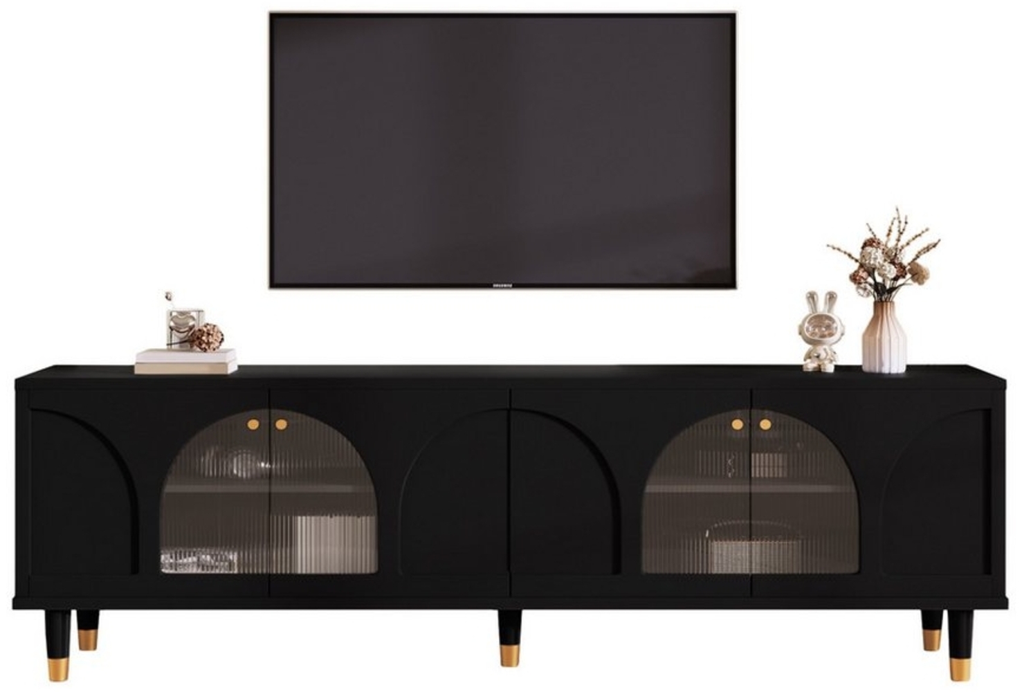 Merax Lowboard, TV-Board mit Glastüren, Fernsehtisch scandi, TV-Schrank,Breite:173cm Bild 1