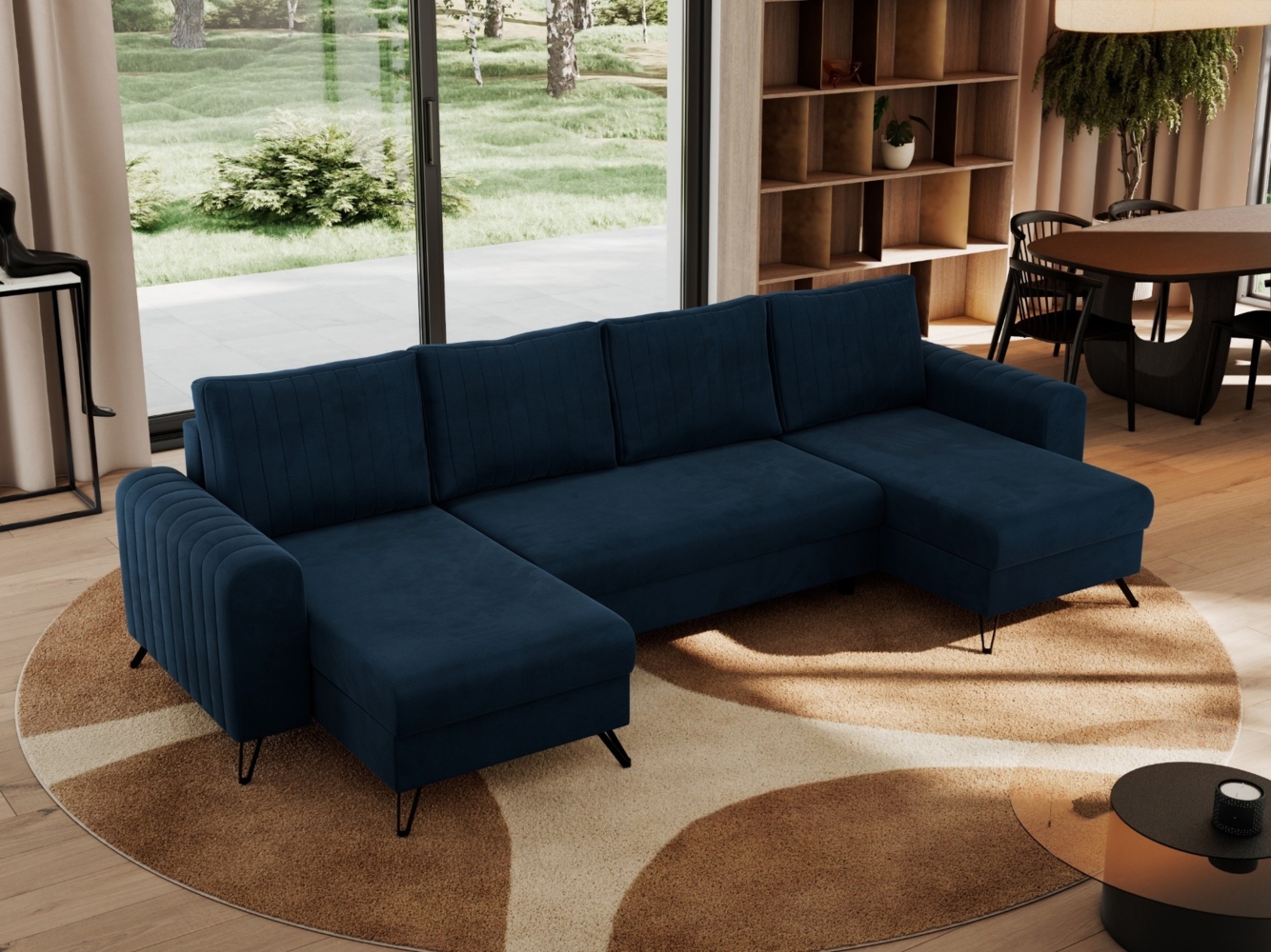 U-förmige Ecksofa, XXL Universalecke mit losen Kissen zum Wohnzimmer, Bettkästen und Schlaffunktion, schwarze Metallbeine - AXEL U - Dunkelblau Velours Bild 1