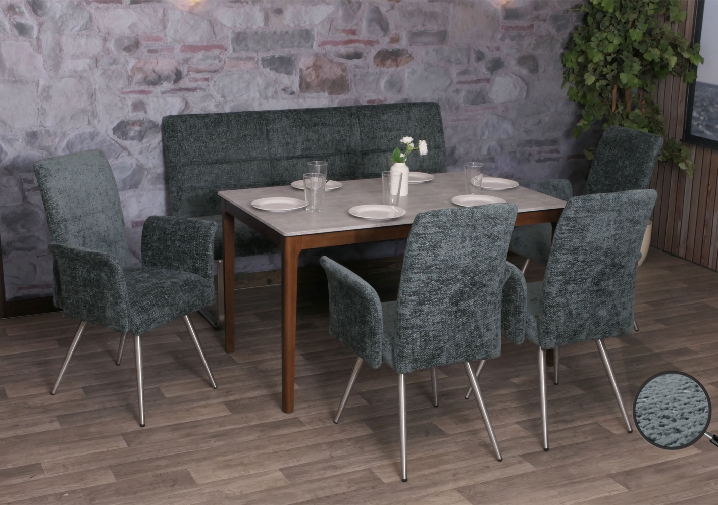 Esszimmer-Set HWC-G55, 4er-Set Stuhl mit Armlehne+Sitzbank 160cm, Edelstahl gebürstet Stoff/Textil Chenille ~ blau-grün Bild 1