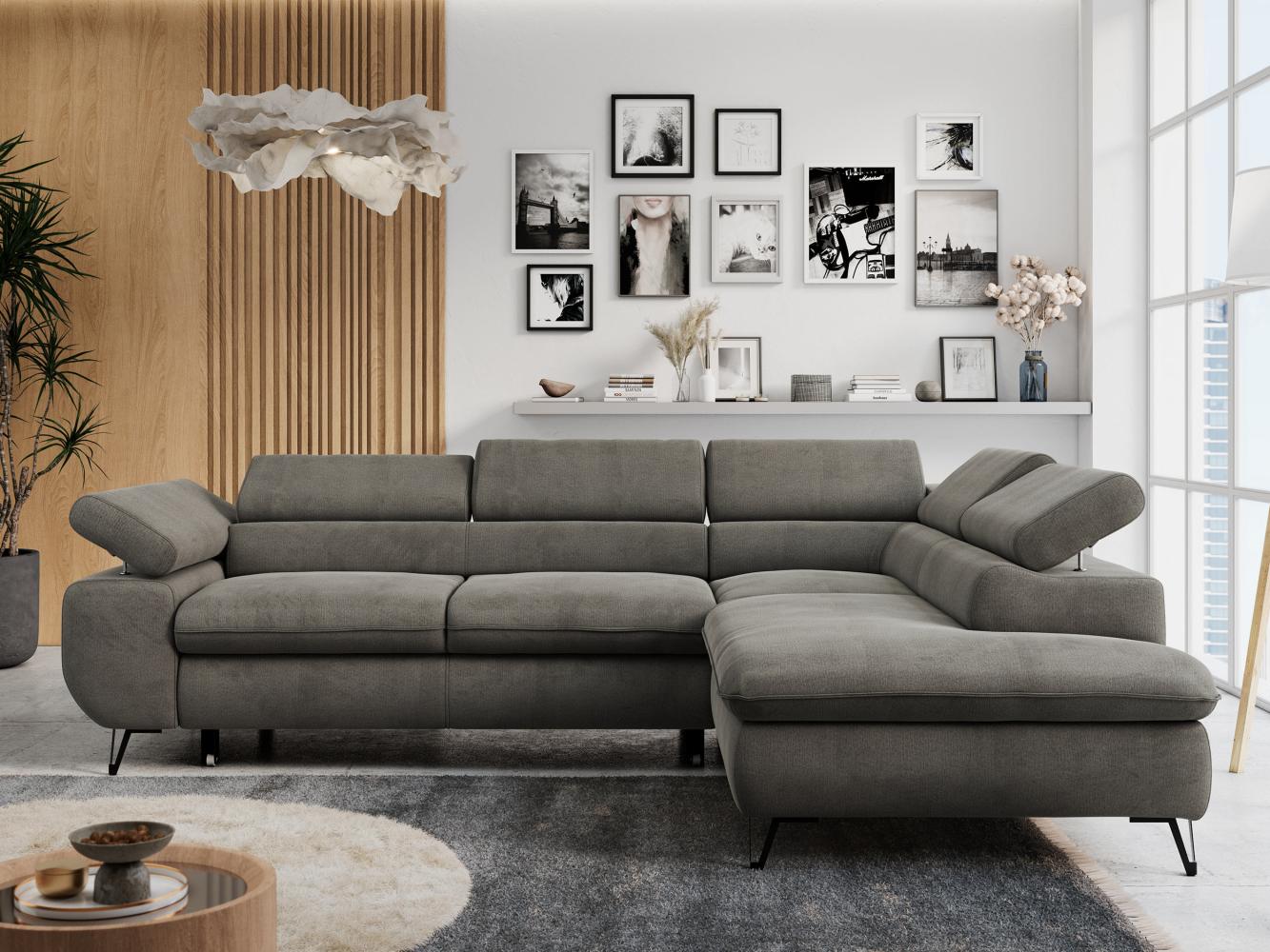 Ecksofa mit Bettfunktion, Modern Sofa, L-form, Einstellbare Kopfstützen, Bettkasten, PETER, 1x Ecksofa, Dunkelgrau, Velours, rechts Bild 1