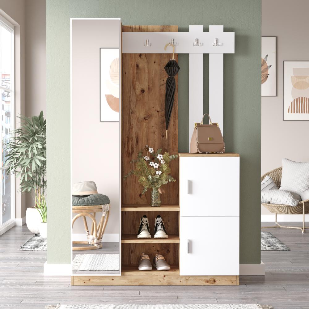 Yurupa Garderobe Komplett Set Flurgarderobe,Kompaktgarderobe,Dielengarderobe,Schrank,Schuhschrank,mit Spiegeltür und 4 Kleiderhaken,DD7-AW Bild 1