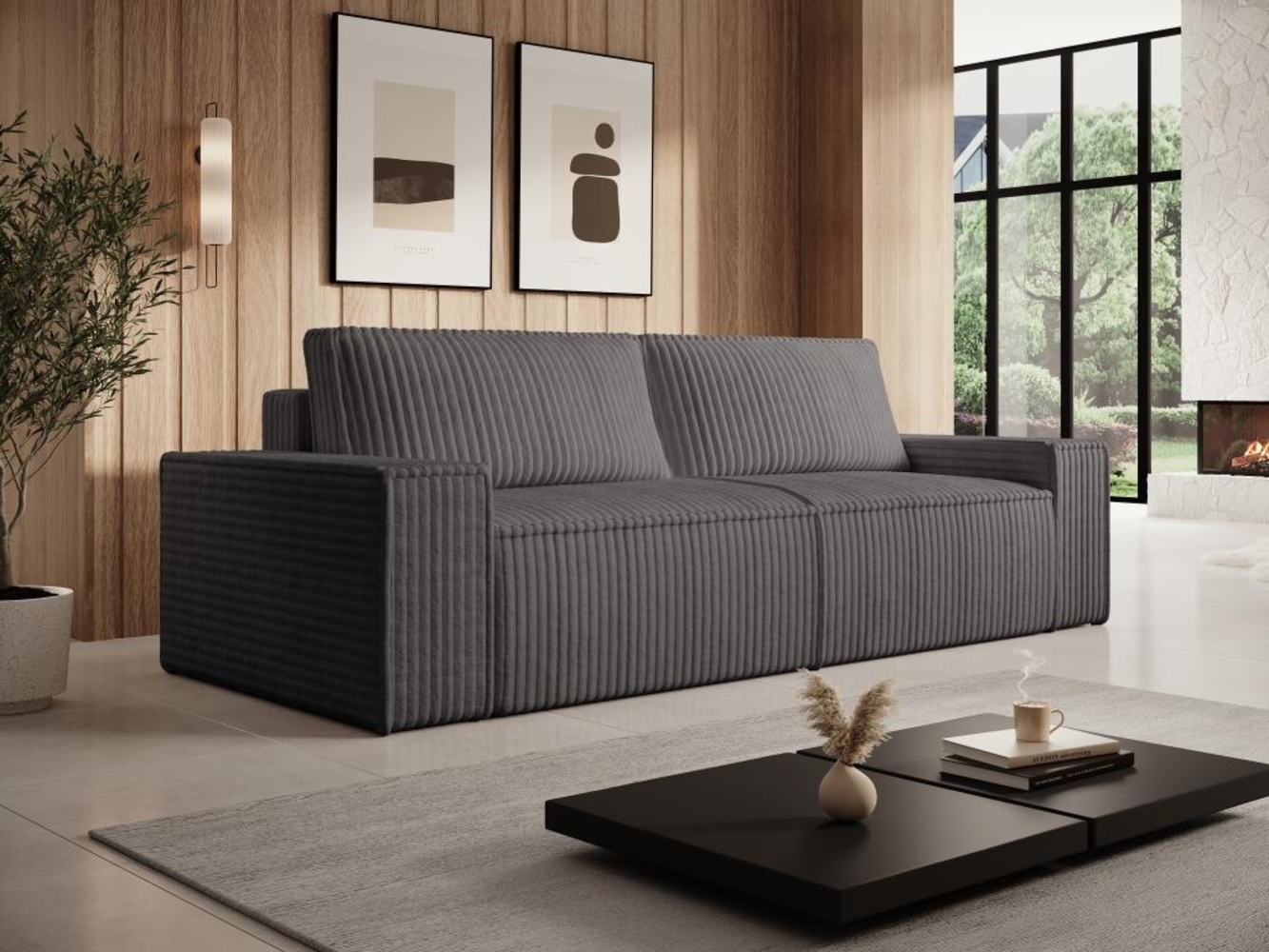 Vente-unique - Schlafsofa 4-Sitzer - grob gerippter Cord - Anthrazit - AMELIA Bild 1