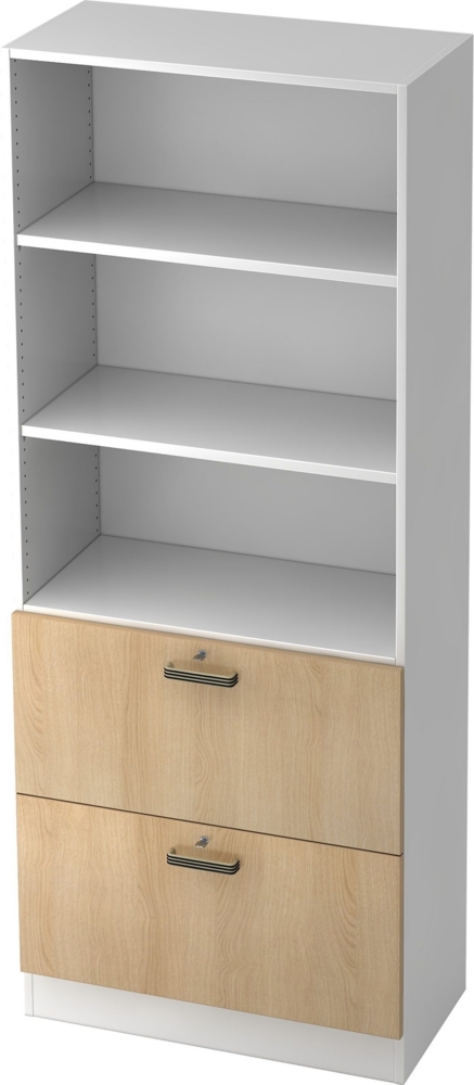 bümö office Aktenschrank mit Hängeregister-Schubladen abschließbar, Büroschrank Holz, 80cm breit in Weiß/Eiche - Hängeregistratur für Hängeordner, Büro Schrank mit Relinggriffen, 7300-W-E-SG Bild 1