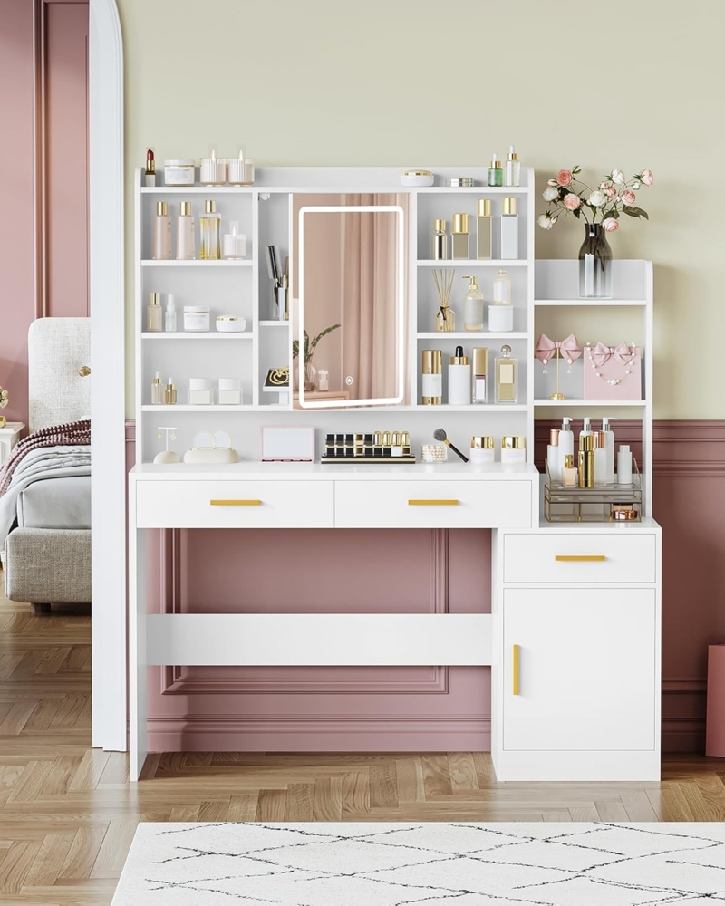 Schminktisch, Große Tischplatte mit Spiegel, 3 Schubladen und 1 Schrank, Offene Mehrstufige Regale, für Schlafzimmer, Garderobe, 40 x 130 x 149 cm, Weiß Bild 1