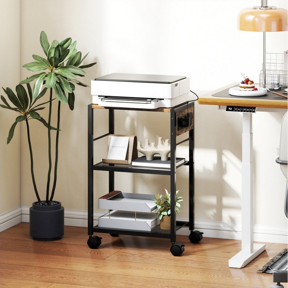 HOMCOM Aktenschrank mit Rollen, Steckdosen, USB- und USB-C-Anschlüsse (Druckeregal, 1-St, Druckerständer) bis 40 kg, für Büro Arbeitszimmer 42 x 28 x 64,5 cm Rustikalbraun Bild 1