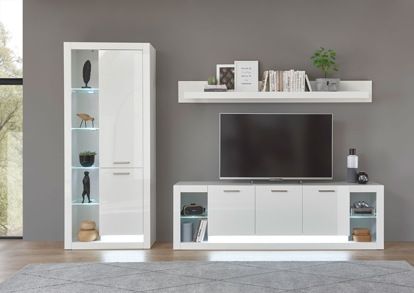 Wohnwand Anbauwand Mediawand Meran 3-teilig weiß hochglanz Modern Bild 1