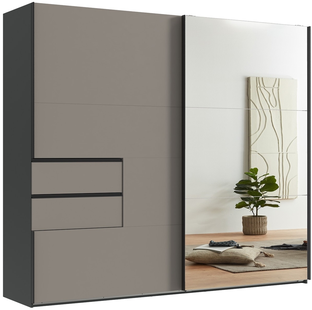 Schwebetürenschrank Kleiderschrank 250 cm Grafit, Schubladen Sand Grau m.Spiegel Bild 1