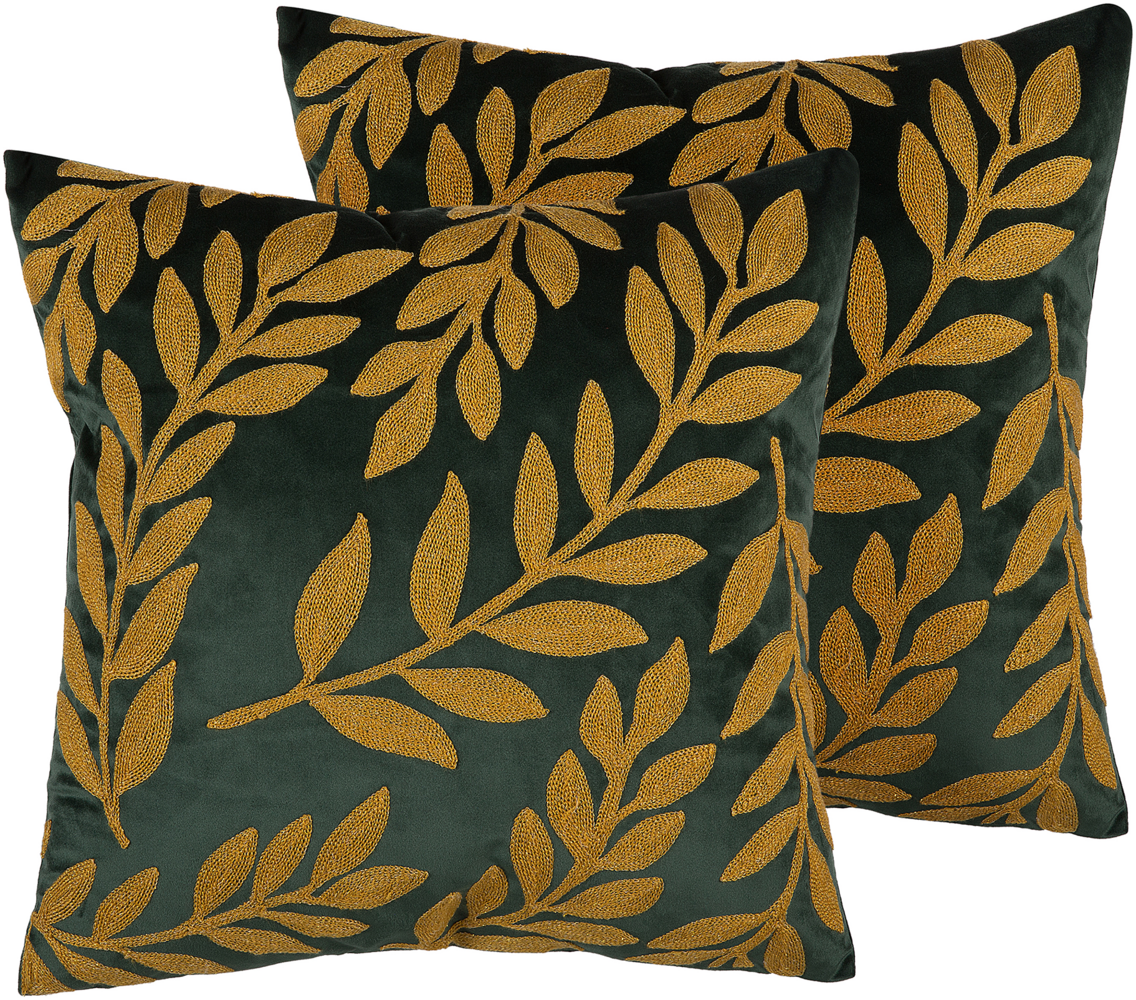 Kissen 2er Set Pflanzenmuster MISTLETOE Samtstoff 45 x 45 cm Gold Grün Bild 1
