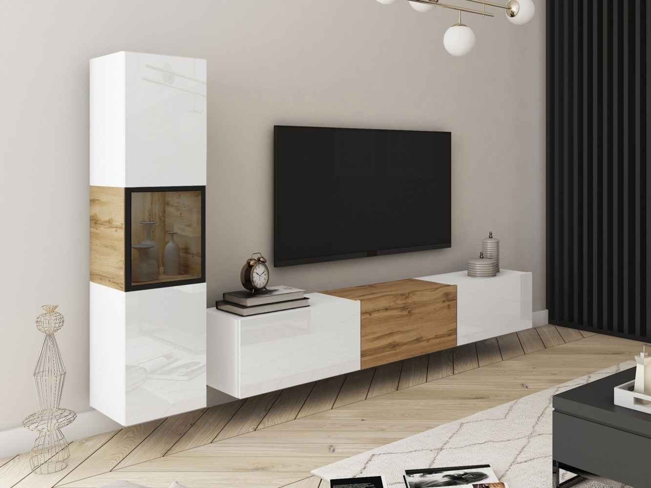 Wohnwand Bentlor I (Farbe: Weiß / Weiß Hochglanz + Wotan Eiche, ohne Beleuchtung) Bild 1