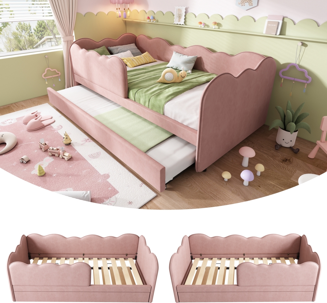 Merax Polsterbett Daybett 90x190cm, Kinderbett mit Lattenrost, Tagesbett Schlafsofa mit Ausziehbett 90x190cm, Samt, ohne Matratze , Rosa Bild 1