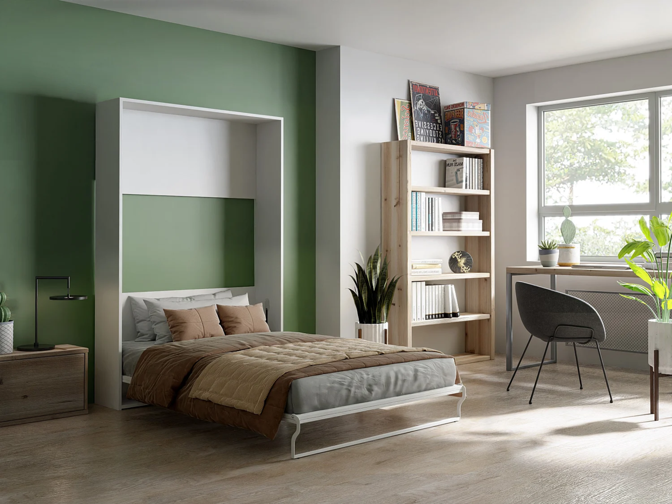 Vente-unique - Schrankbett - 140 x 200 cm - Manuelle vertikale Öffnung - Weiß - MALINA II Bild 1