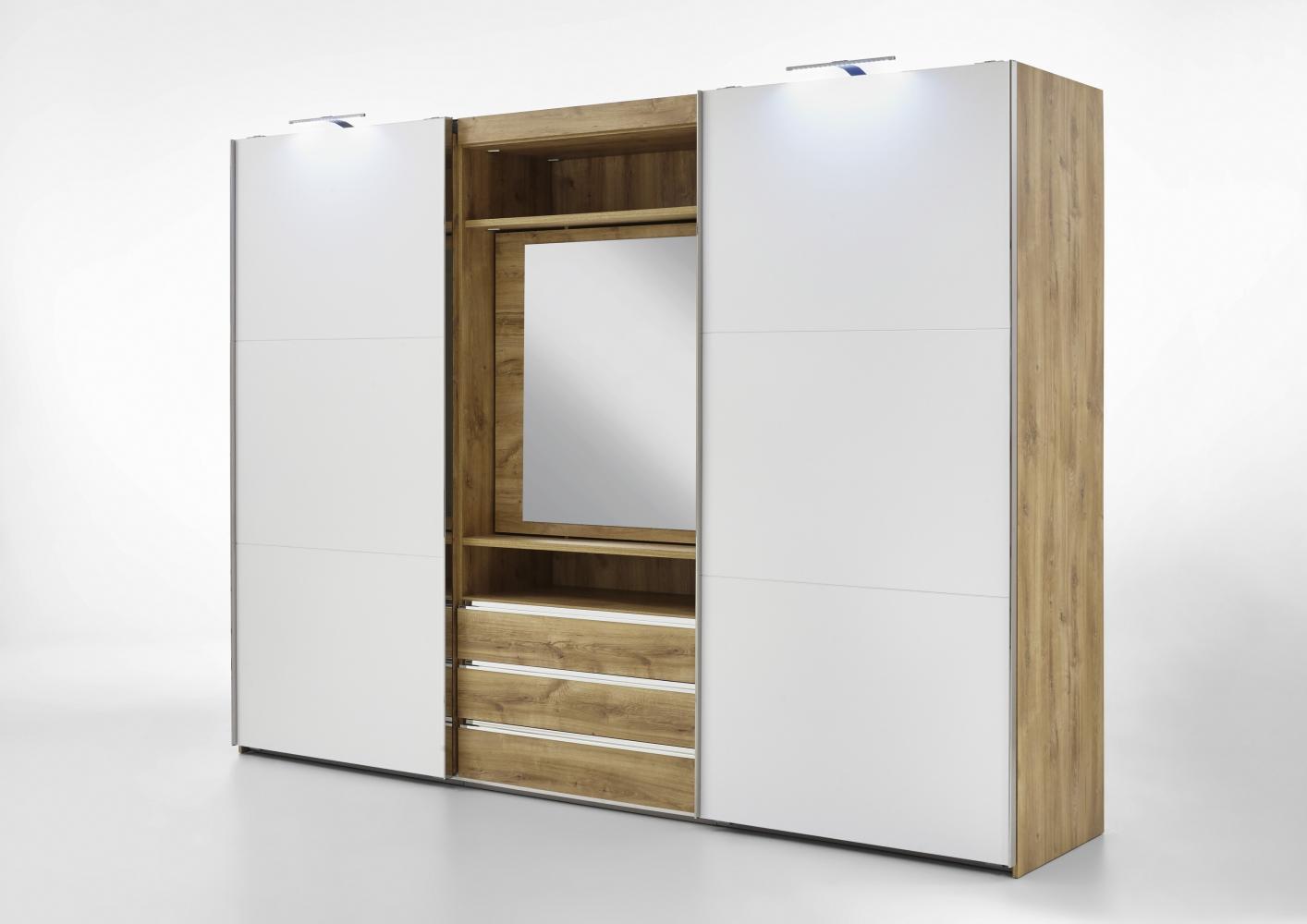 Schwebetürenschrank >MAGIC< in PLANKENEICHE + WEISS - 300x216x65cm (BxHxT) Bild 1