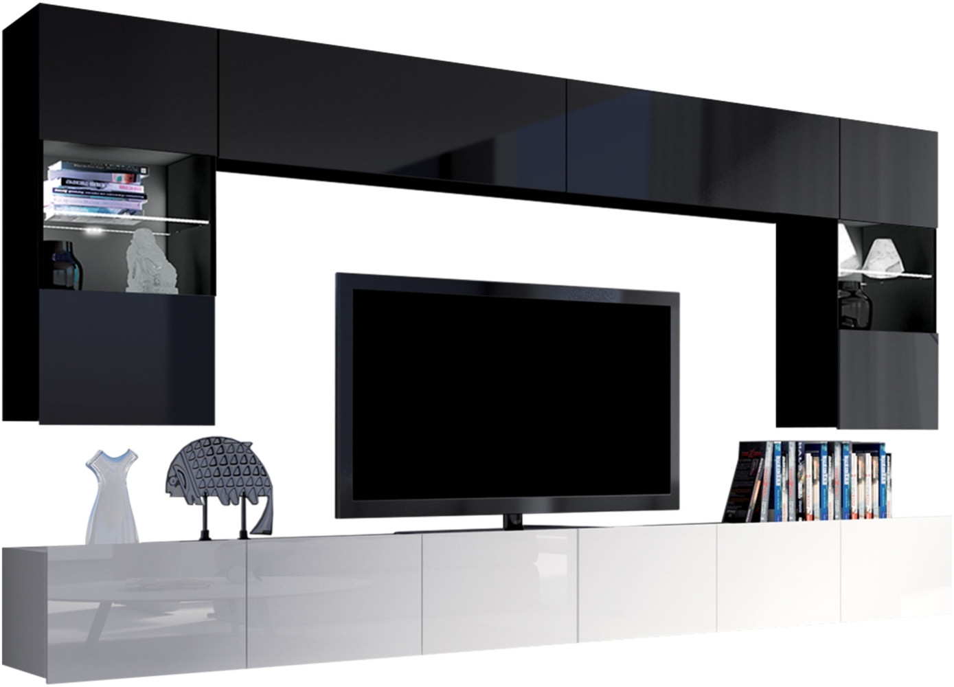 Wohnwand Calabrini I (Farbe: Schwarz + Schwarz Hochglanz / Weiß + Weiß Hochglanz, mit weißer LED Beleuchtung) Bild 1