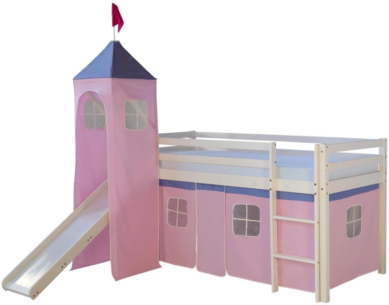 Hochbett mit Lattenrost 90x200 Turm Rutsche Stockbett Kinderbett Holz Kiefer Vorhang rosa Spielbett Bild 1