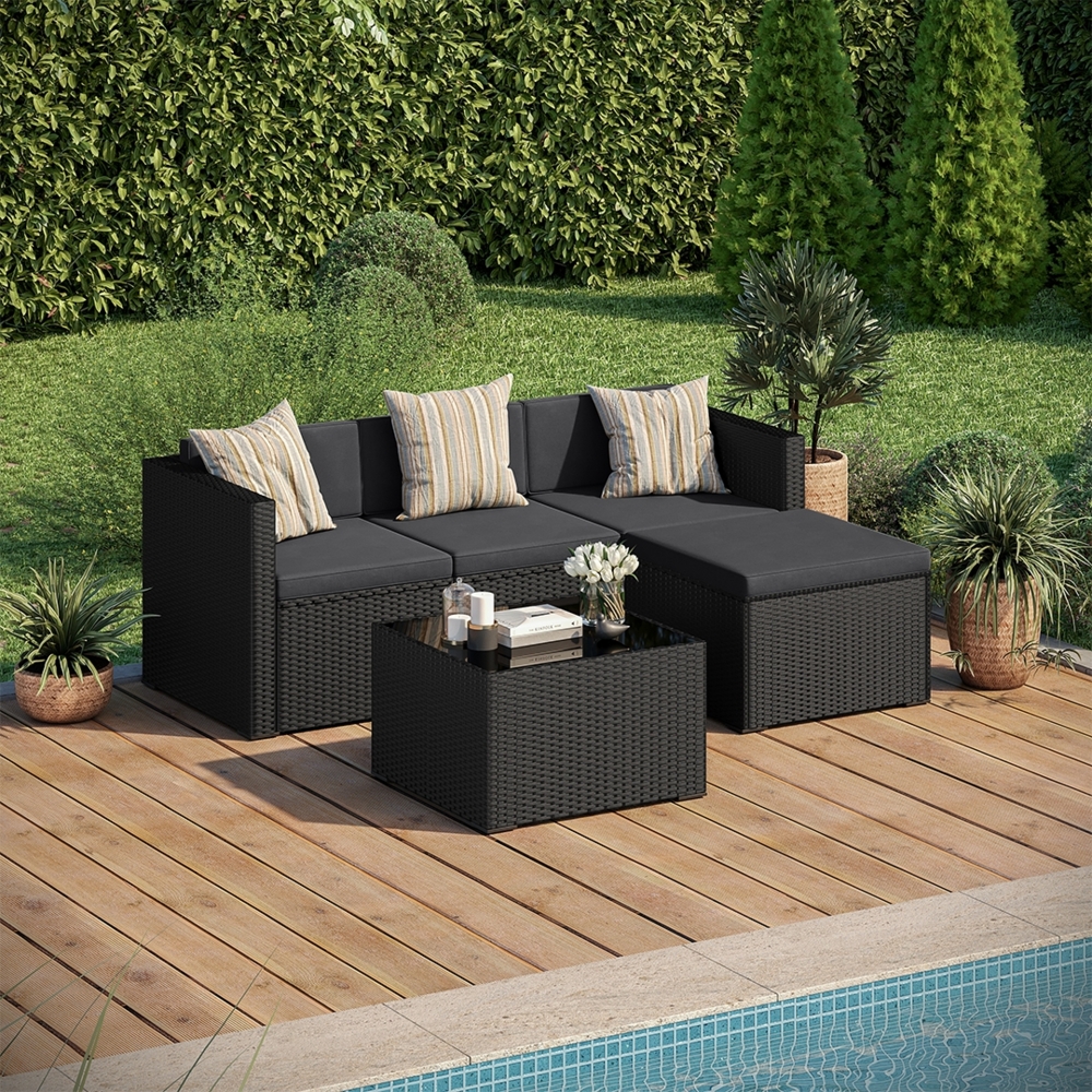 STEELSØN 'Zethora' Polyrattan 3-tlg. Gartenlounge, Sitzgruppe aus Sofa, Hocker und Tisch, schwarz/anthrazit, wetterfest, für 4 Personen Bild 1