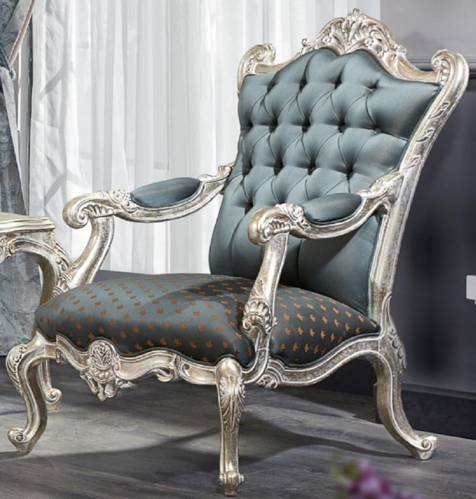 Casa Padrino Luxus Barock Chesterfield Thron Sessel Türkis / Dunkeltürkis / Gold / Silber 87 x 83 x H. 110 cm - Barockmöbel Bild 1