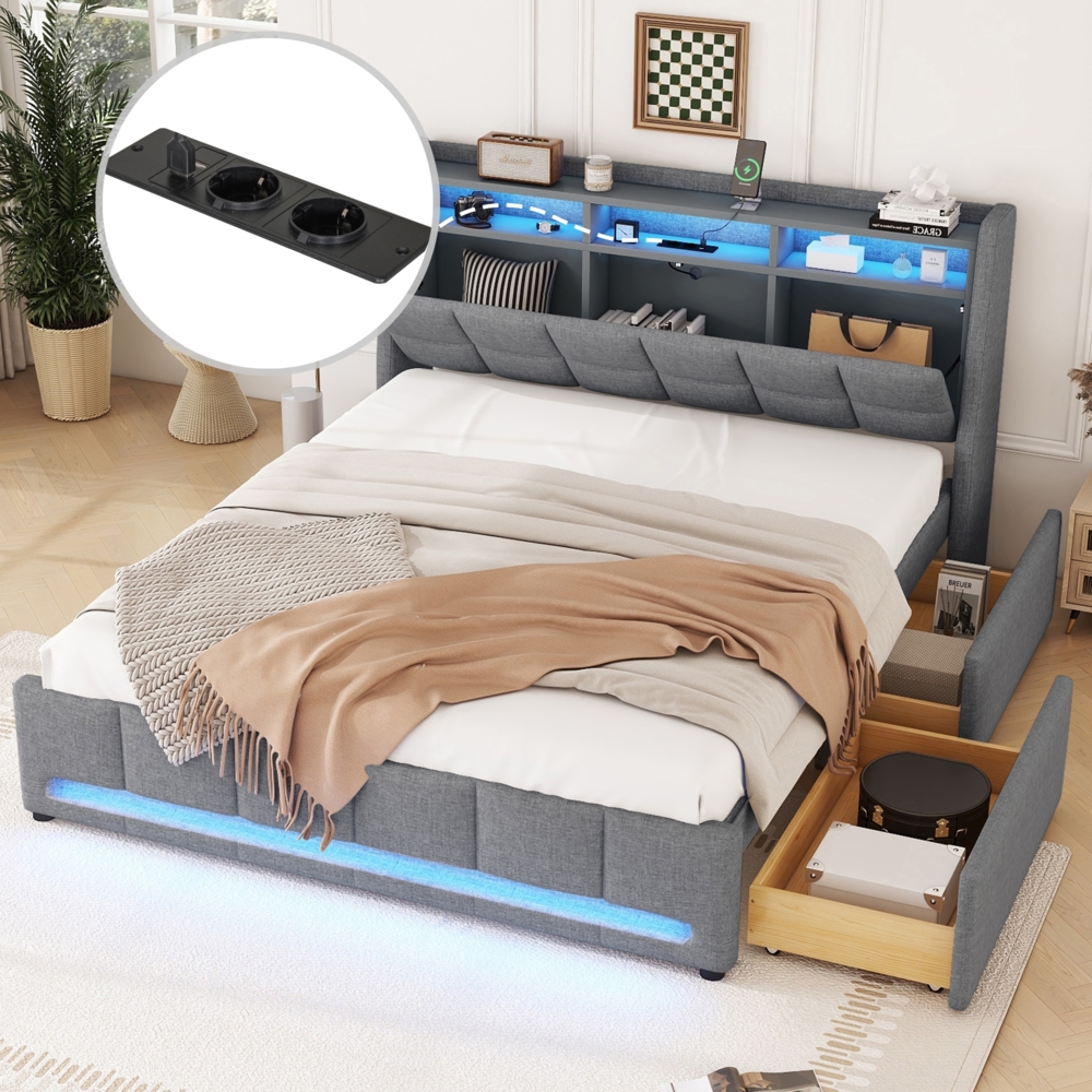 Merax Polsterbett, 160 x 200 cm, Ohne Matratze, APP-Fernbedienung LED-Licht, Bett mit Schubladen mit Steckdosen und USB, Eingebautes Staufach, Leinen, Grau Bild 1