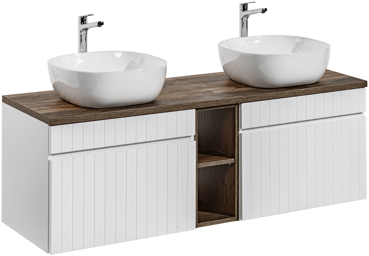 ICONIC WHITE Badmöbel-Set 140 cm mit einer Waschtischplatte und 2 Smile-Aufsatzwaschbecken (46x140cm), Weiß matt Bild 1