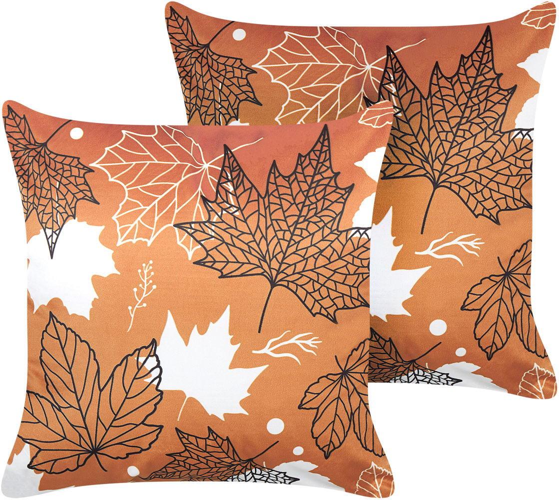 Kissen 2er Set POINSETTIA Samtstoff 45 x 45 cm Pflanzenmuster Orange Bild 1