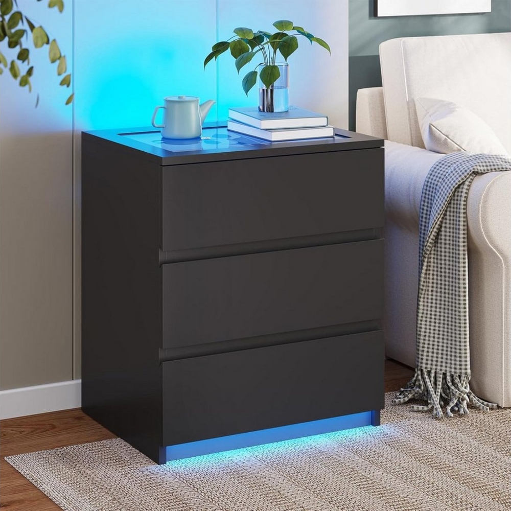 MSMASK Nachttisch mit LED-Beleuchtung, 3 Schubladen (1-St), Schwarz Bild 1