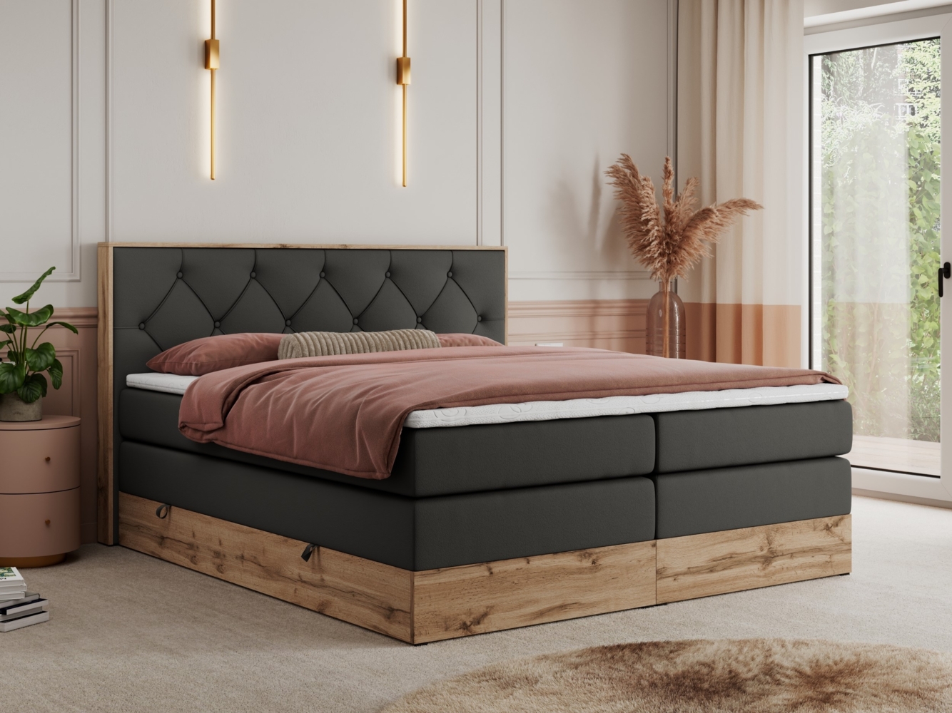 Boxspringbett VENETO KING, Doppelbett mit Multipocket-Matratze, Polsterbett mit Kopfstütze - 160 x 200 cm - Dunkelgrau Kunstleder - H3 Bild 1