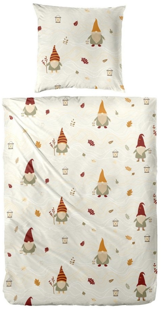 Primera Feinbiber Bettwäsche 155x220 Wichtel Laterne natur grün rot 173206-72 Bild 1