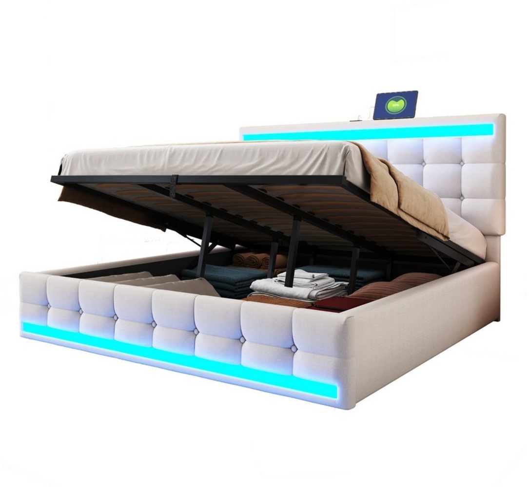REDOM Polsterbett mit USB-Anschlüssen, RGB-LED-Licht und hydraulischem Stauraum (Stauraumbett mit verstellbarem Kopfteil, Funktionsbett 180x200 cm), ohne Matratze Bild 1