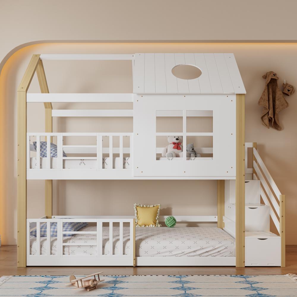 Merax Etagenbett, Massivholz Hausbett Kinderbett 90x200cm mit Stauraumtreppe, weiß Bild 1