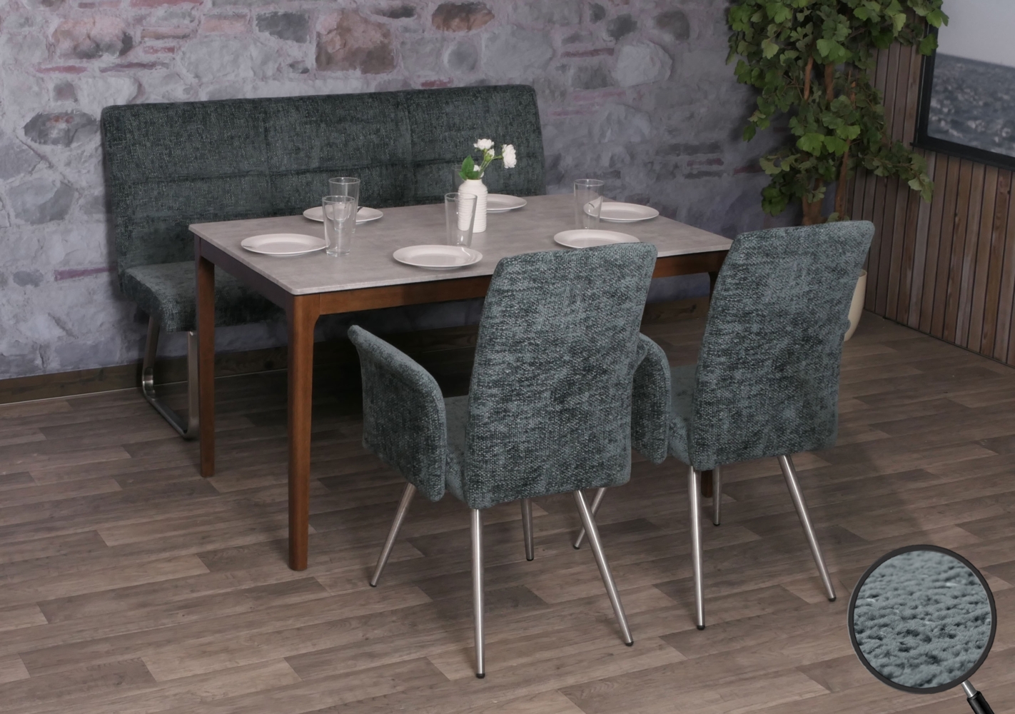 Esszimmer-Set HWC-G55, 2er-Set Stuhl mit Armlehne+Sitzbank 160cm, Edelstahl gebürstet Stoff/Textil Chenille ~ blau-grün Bild 1