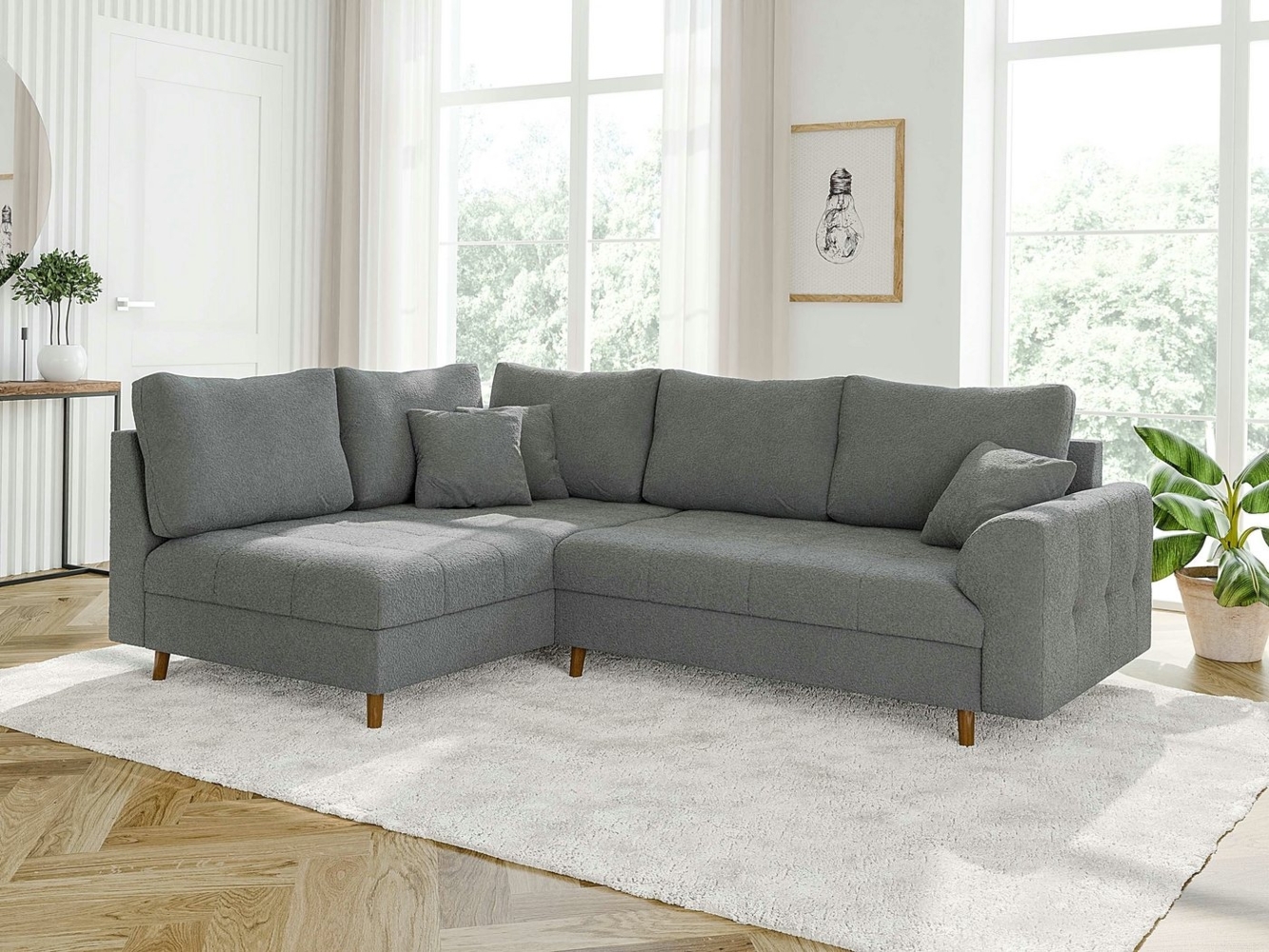 S-Style Möbel Ecksofa Leif mit Braun Holzfüßen im skandinavischen Stil aus Boucle-Stoff, Ottomane links oder rechts bestellbar, mit Wellenfederung Bild 1