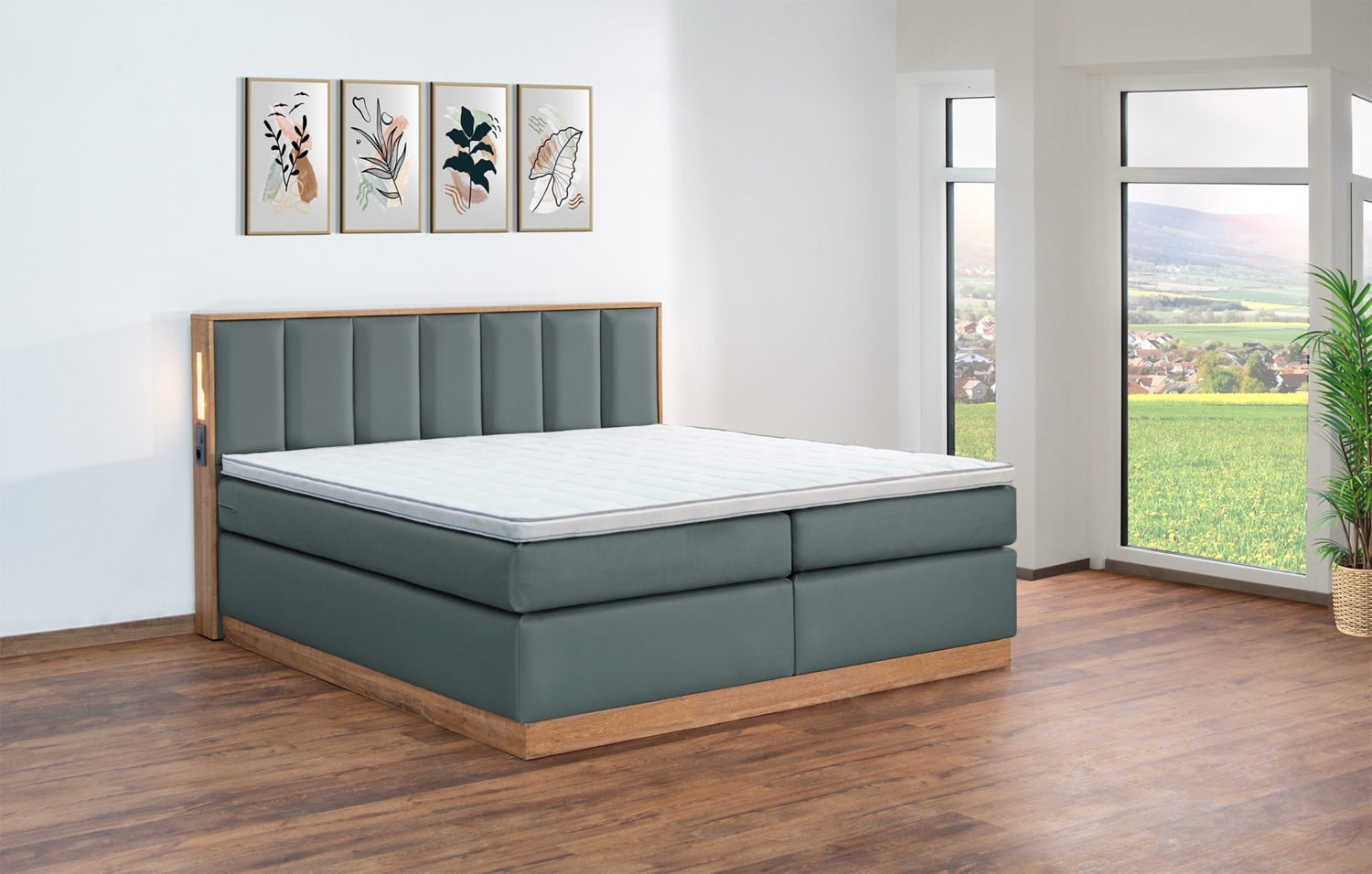 Meisterbetten Boxspringbett Sely mit Holzdekor Eiche Cognac 180x200 in LM-Moorblau, Matratzenbezug Nano, Midisoft-Topper Bild 1