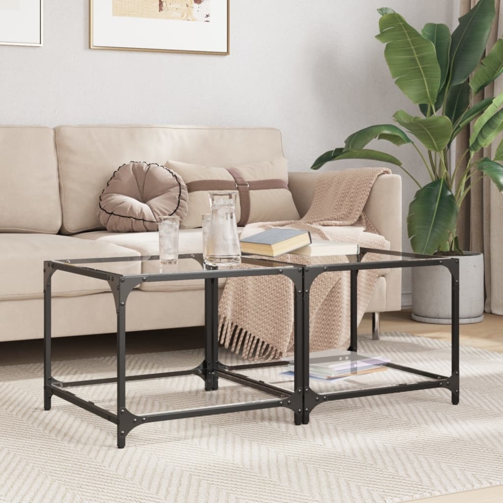 vidaXL Couchtische mit Glasplatte 2 Stk. Transparent 50x50x40 cm Stahl 845971 Bild 1