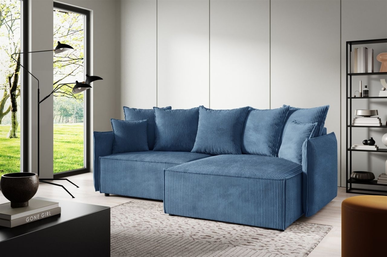 Ecksofa Schlafsofa Sofa MINEA in Stoff Poso Blau Ottomane Rechts Bild 1