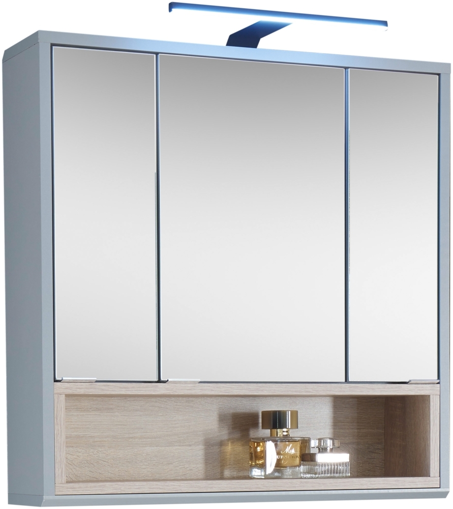Badezimmerspiegelschrank >Tunis< LED, 3 Türen, grau matt / sonoma eiche - 65x65x16 (BxHxT) Bild 1