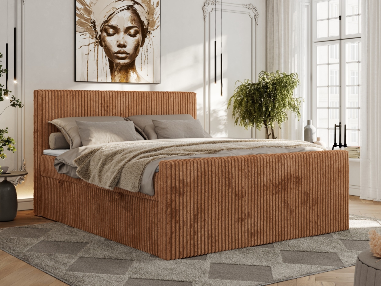 Boxspringbett, Doppelbett mit zwei Bettkästen und hohem Kopfteil aus Cordstoff - TILIANO DUO - 200 x 200 cm - Orange Cord - H3 Bild 1