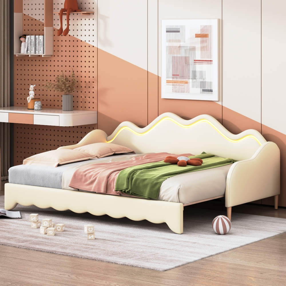 Merax Polsterbett 90(180)*190cm, 2-in-1 Multifunktions-Schlafsofa, Kinderbett aus Kunstleder mit LED-Beleuchtung, mit Lattenrost, Beige Bild 1